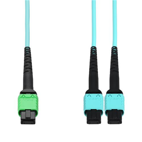 Picture of 15m MPO/APC to 2xMPO/UPC Aqua OM4 LSZH 12-Strand Fiber Patch Cable