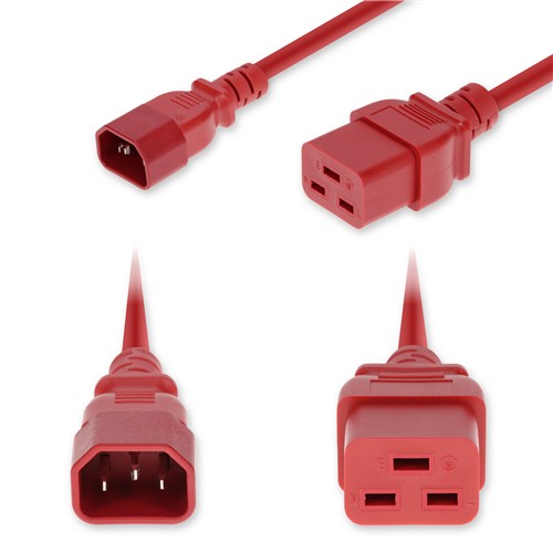 Picture of 10ft C14 Male to C19 Female Standard Commercial Temp 14 AWG 250V at 15A PVC SJT (Service Junior Thermoplastic) Red Power Cable