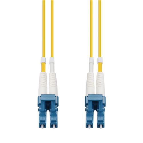 Picture of 8m LC to LC Yellow OS2 Duplex OFNR (Riser-Rated) SMF Fiber Patch Cable with 3mm OD Jacket and Length Labels