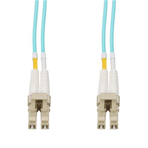 Picture of 30m LC to LC Aqua OM4 Duplex Microboot, Snagless OFNR (Riser-Rated) Fiber Patch Cable with Serialized Labeled Ends