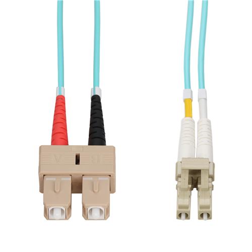 Picture of 17m SC to LC Aqua OM4 Duplex Microboot, Snagless OFNR (Riser-Rated) Fiber Patch Cable with Serialized Labeled Ends