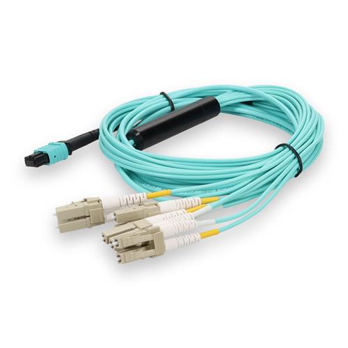 Picture of 10m MPO/UPC to 4xLC Duplex (8xLC)/UPC Aqua OM3 OFNR (Riser-Rated) 8-Strand Fiber Fanout Cable